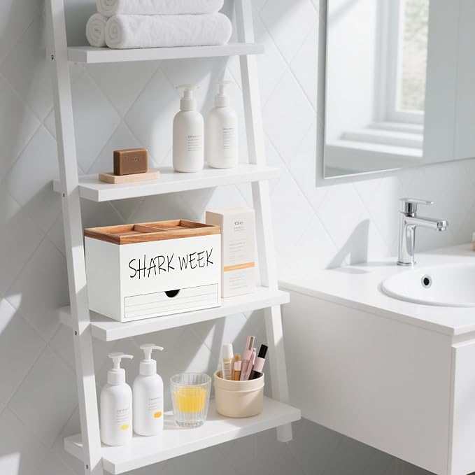 Tampon Holder for Bathroom, Feminine Product Organizer with Lid and Drawer, Wood Shark Week Tampon Storage, Lady Stuff Box for Bathroom Accessories and Toilet Organizer