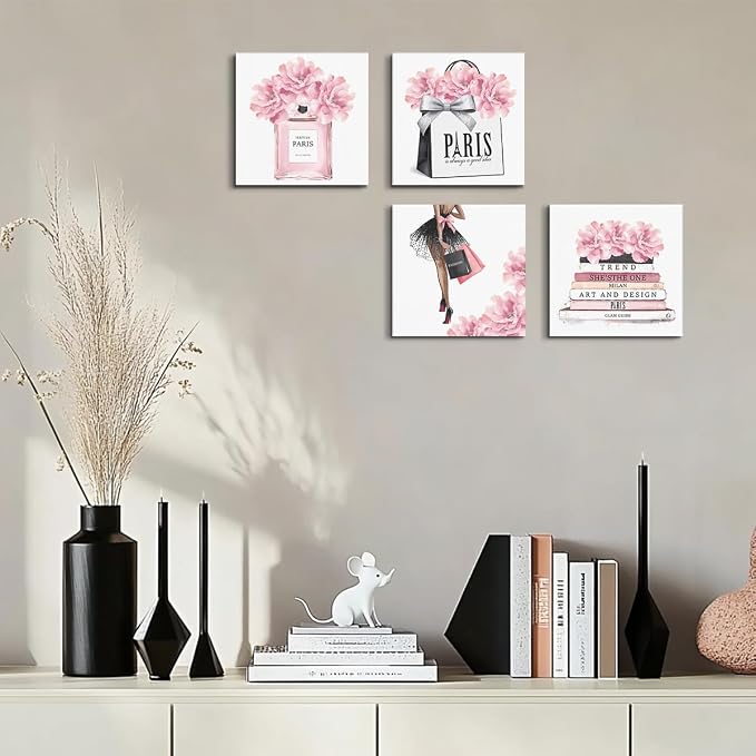 QINGTAI 4 Pcs Pink Fashion Canvas Wall Art, Perfume Handbag Wall Decor | Aesthetic Framed Posters Art Prints Artwork Pink Pictures for Women Girls Room Apartment Vogue Living Room Decor 8x8 Inch