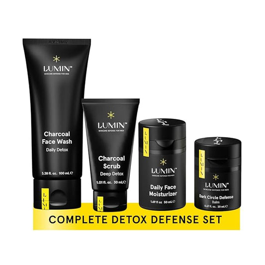 Lumin 4 Piece Men Skincare Set with Charcoal Face Wash, Deep Scrub, Daily Moisturizer & Dark Circle Defense Balm, Helps Detoxing & Hydrating, for All Skin Types