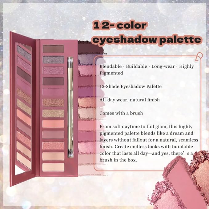 12 Colors Highly Pingmented Eye Shadow Palette Makeup Kit for Women, Purple Burgundy Fuchsia Magenta Rose Gold Eyeshadows, Matte Smoky Shimmery Metallic Shade Eyeshadow Palette Long-Lasting Waterproof