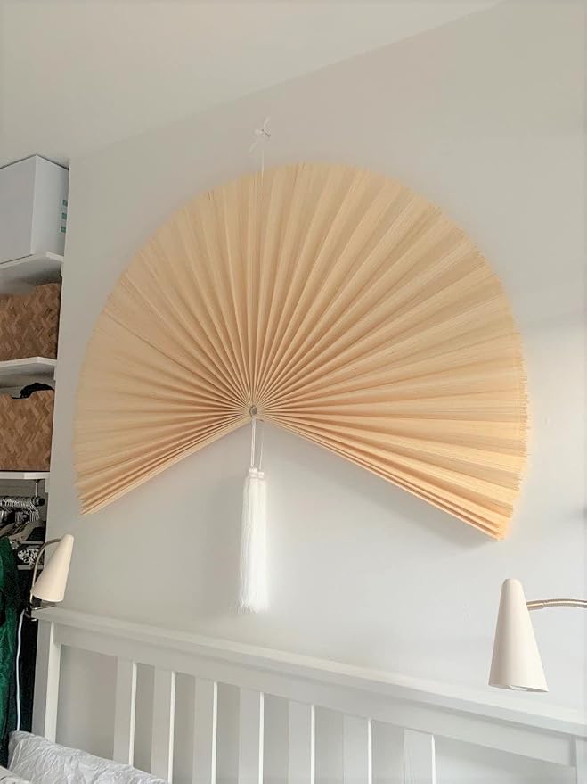 ChumDecor Bamboo Fan Wall Decor, Japanese Wall Fan Decoration, Ivory 60 in | Giant Oversized Oriental and Asian Style Hanging Decoration for Above the Bed Headboard or a Tall Stairwell Landing