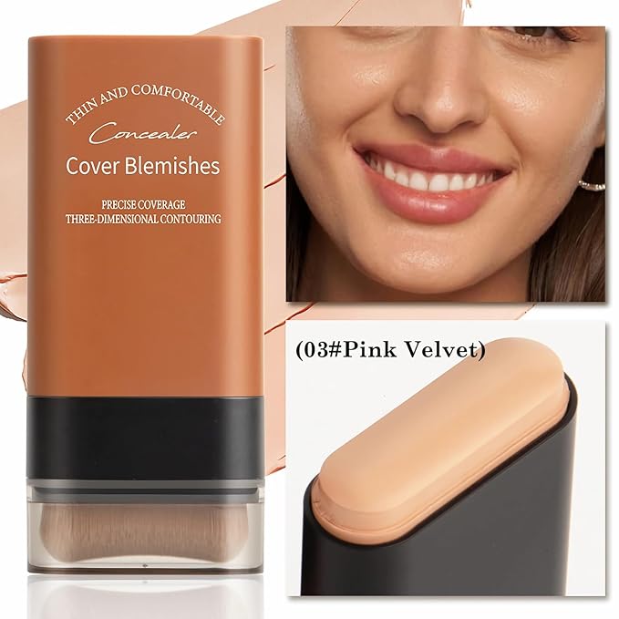 Flawless Face Foundation Stick,Korean Lightweight Hydrating Foundation Contour Stick with Brush,Multi-Use Face Makeup Sticks,Waterproof Thin and Cover Blemishes for All Skin Types (03#Pink Velvet)