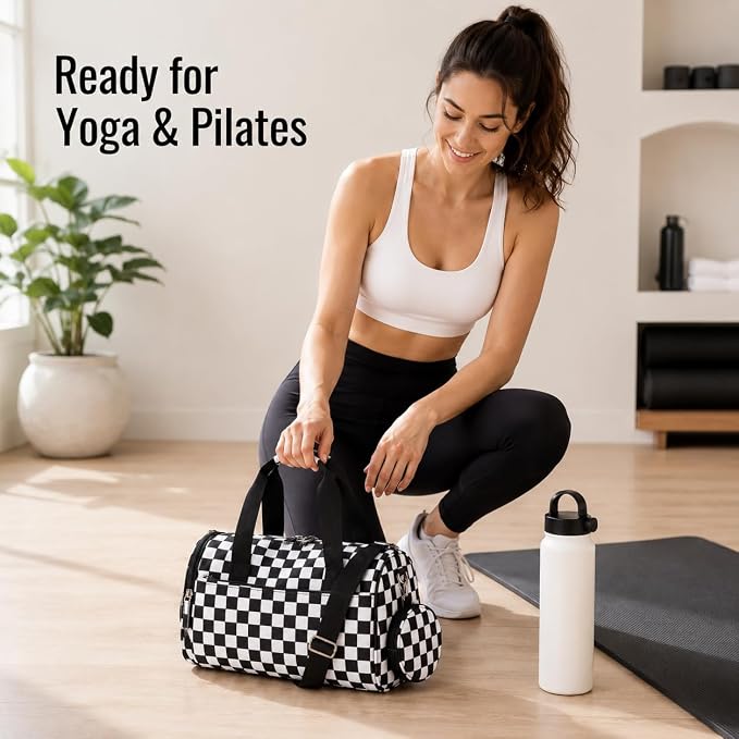 BTOOP Mini Gym Bag for Women, 12-Inch Small Duffle Bag with Wet Pocket and Coin Purse, Lightweight Water-Resistant Workout Bag for Yoga, Pilates, Dance and Travel (Balck-white checkered)