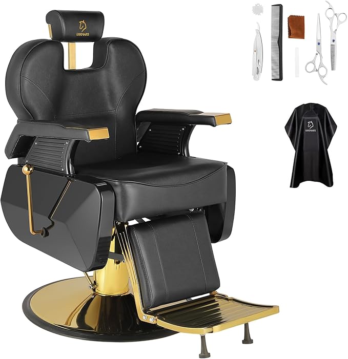 Salon Chair Barber Chair Hydraulic Recline Barber Chairs Hair Chair for Barbershop Hair Salon Equipment Styling Chair with Heavy Duty Hydraulic Pump Black Gold