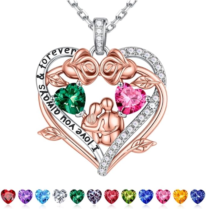 Iefil Valentines Gifts for Her Wife - 925 Sterling Silver Double Heart Birthstone Necklace, Anniversary Birthday Gifts for Women Wife Girlfriend