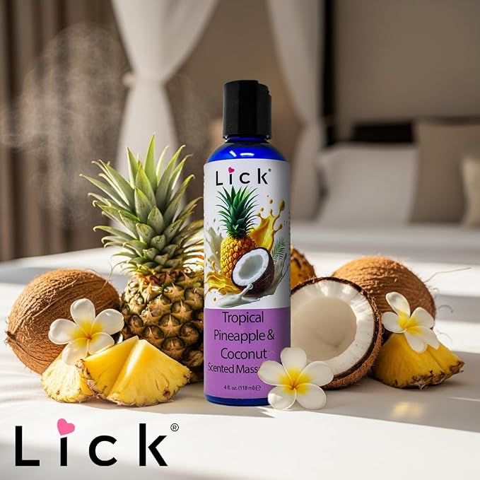 Lick Tropical Pineapple and Coconut Massage Oil with Vitamin E - Edible Body Oil for Couples Massage - Sweet Almond and Coconut Oil Blend - Smooth Long-Lasting Glide for Men and Women - 4 oz