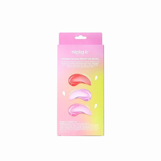 NICKA K NEW YORK Summer Splash Fruity Lip Gloss Set – Watermelon, Blueberry & Peach – Hydrating, Non-Sticky, Long-Lasting Shine (MLGFR2 Summer Splash)