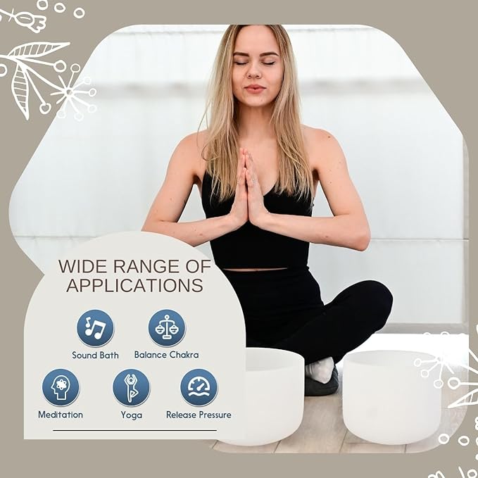 6-12inch Chakra Symbol Design 432hz Quartz Crystal Singing Bowls Set of 7, for Healing Mindfulness Meditation Yoga Sound Baths with Case Mallet Suede Striker