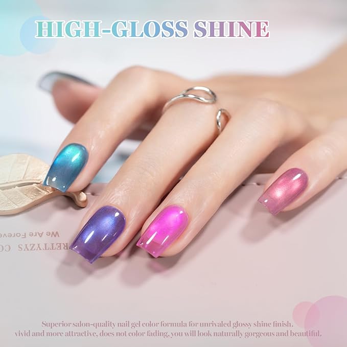 RARJSM Ceramics Glitter Cat Eye Gel Nail Polish Set 6Pcs Wine Red Magenta Purple Teal Blue Emerald Green Bronze Gold Shimmer Smoothie Cateye Gel Polish with Magnetic Stick Curing Require Home Salon