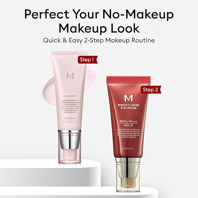 MISSHA BB ESSENTIALS KIT M PERFECT COVER BB CREAM No.21 Light Beige - Light with Cool Undertone/SPF 42 PA+++ 1.69 oz & M BB Boomer 1.35 oz -Lightweight, Multi-Function, High Coverage