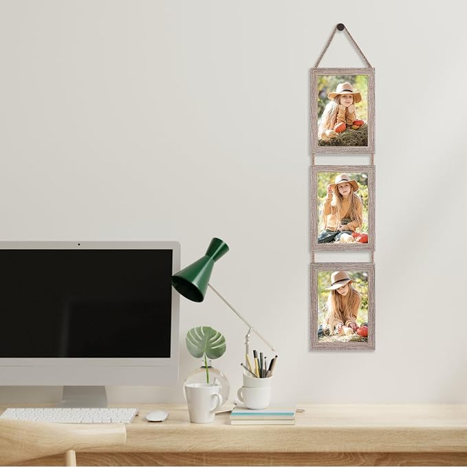 QUTREY Collage Picture Frame 5x7, 6 Openings Vertical Hanging Photo Frame Set of 2, 5 by 7 inch Multi Picture Frames for Wall, Rustic Grain