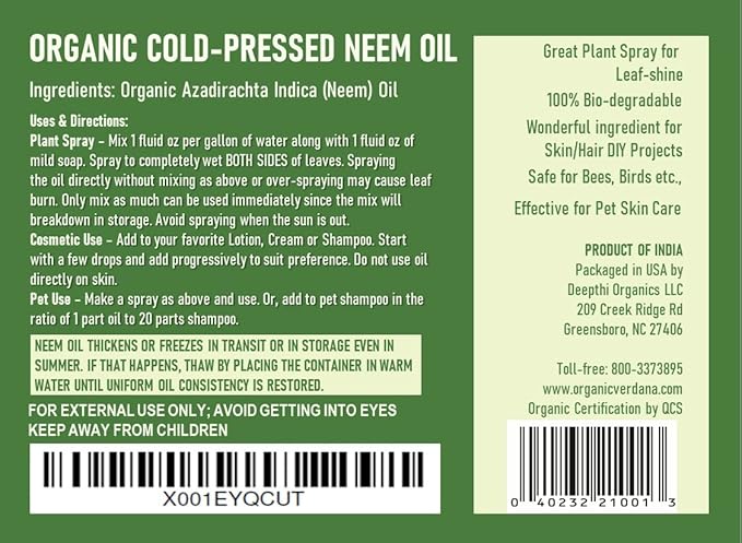Verdana Pure Neem Oil for Plants – 16 Fl Oz – Organic, Cold Pressed, Unrefined, Non-GMO – 100% Natural Spray for Plant Leaf Shine, DIY Beauty, Soap Making – No Additives