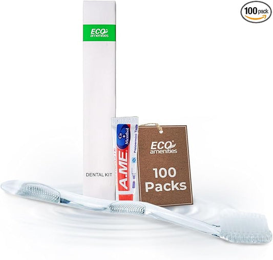 ECO amenities Travel Toothbrush & Toothpaste Kit - Individually Wrapped Disposable Toothbrushes - Peppermint Travel Toothpaste Tubes - Bulk Hotel Dental Kit - Pack of 1, Peppermint