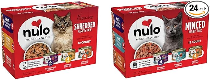 Bundle of Nulo Variety Flavors Grain-Free Shredded Wet Canned Cat Food, 3 Ounce (Pack of 12) + Nulo Variety Flavors Grain-Free Minced Wet Canned Cat Food, 3 Ounce (Pack of 12)