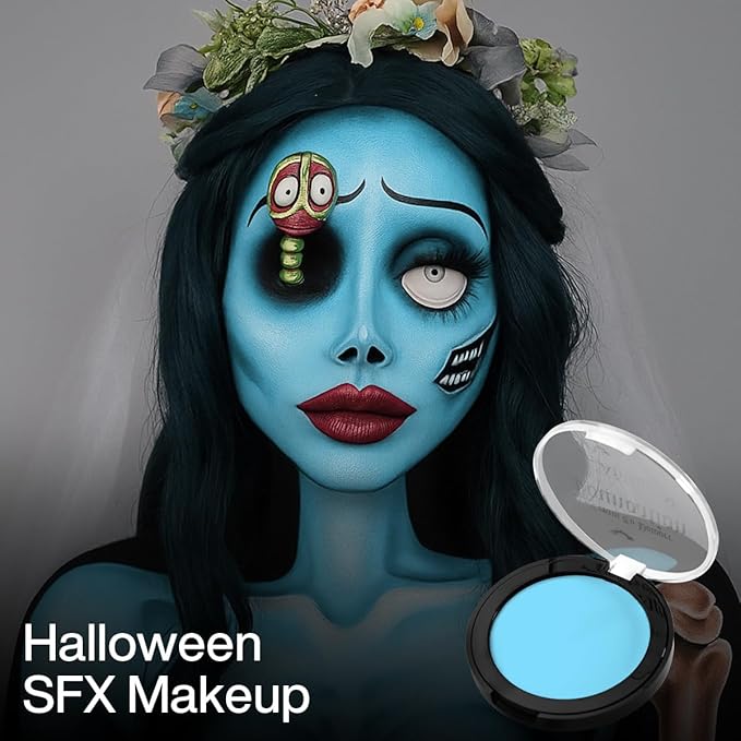 Light Blue Face Body Paint Cream to Powder Foundation Makeup, Professional Blue Cream Face Painting for Kids & Adults, Greasepaint for Halloween FX, Theater, Sally Makeup, Corpse Bride, Smurf, Cosplay