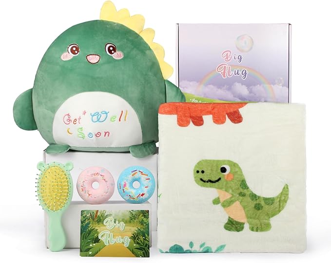 Get Well Soon Gift for Kids Boys, Feel Better Gifts for Kid, 12'' Get Well Soon Dinosaur Plush Pillow & Soft Cozy Flannel Throw Blanket, Dinosaur Gifts Set for Boy, Kids Get Well Baskets