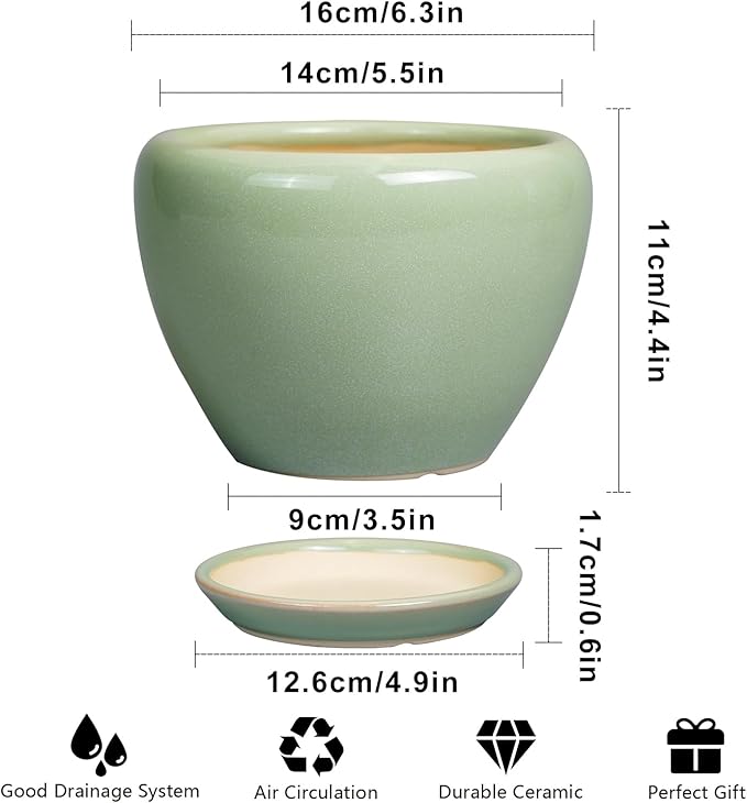 Ceramicfor 6 Inch Plant Pot - Ceramic Planter for Indoor Plants Round Planter Outdoor Plant Pot with Drainage Hole and Saucer Modern Flower Pot for Succulent Garden Green