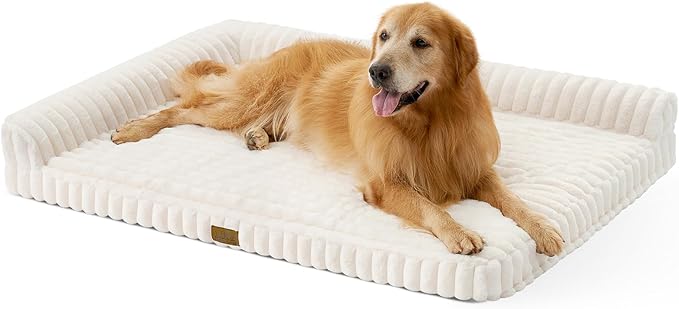 COZY KISS Faux Rabbit Fur Extra Large Dog Bed – 48"x35" Orthopedic Foam Couch with Sides, Removable Washable Cover & Waterproof Lining, Cream