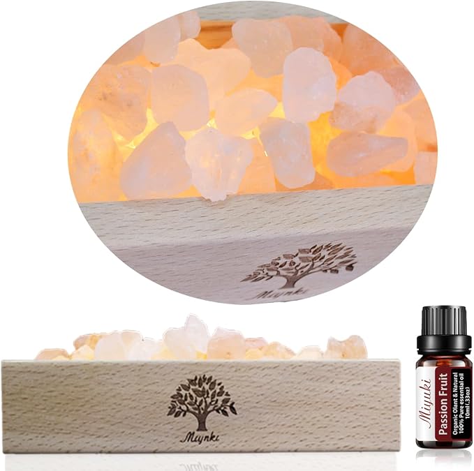 Himalayan Pink Salt Lamp Diffuser with Wood Base - 300g Natural Salt, USB Powered, Warm Light & 10ml Passion Fruit Essential Oil Set for Aroma, Relaxation, Meditation, Home Decor, Gifts