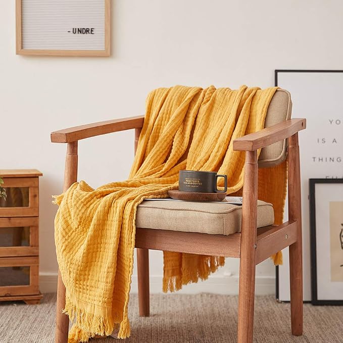 Simple&Opulence Cotton Muslin Throw Blanket for Bed, Couch, Knit Woven Gauze Blanket with Tassels, Soft Lightweight Cozy Pre-Washed Breathable Farmhouse Decoration for All-Season (Yellow)