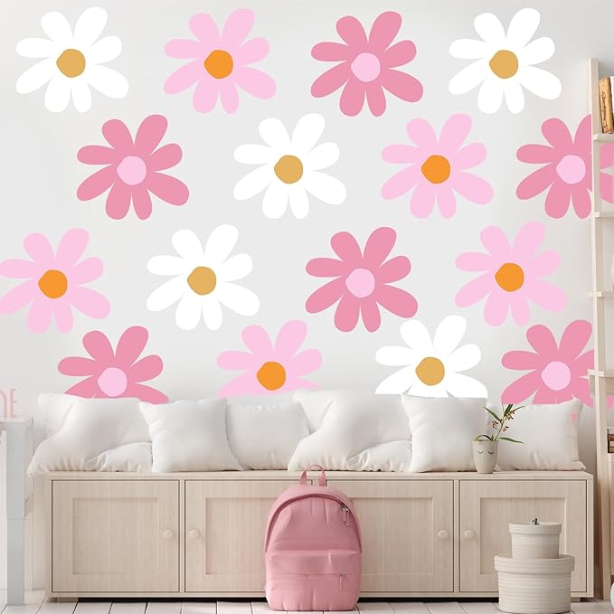 TaoBary 12 Sheet Daisy Wall Sticker Decal,Classic Color,Delicate Style | Big Flower Wall Sticker, Pink White Floral Decal, Daisy Bedroom Room Decor, Removable Peel and Stick, Nursery Home Wall Decor