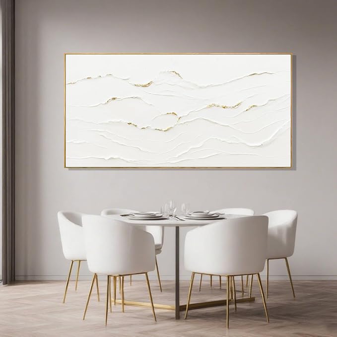 Framed White Gold Abstract Wave Canvas Wall Art for Living Room 24x48 Inch