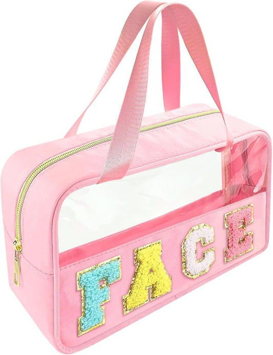 Bunliuys Chenille Letter Clear Makeup Bag Face Patch, Travel Toiletry Makeup Bag with Handle, Nylon Waterproof Makeup Bags clear cosmetic bag, preppy patch makeup bag for Women (FACE-Pink)