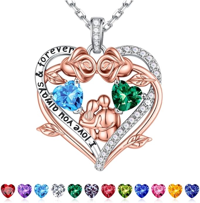 Iefil Valentines Gifts for Her Wife - 925 Sterling Silver Double Heart Birthstone Necklace, Anniversary Birthday Gifts for Women Wife Girlfriend