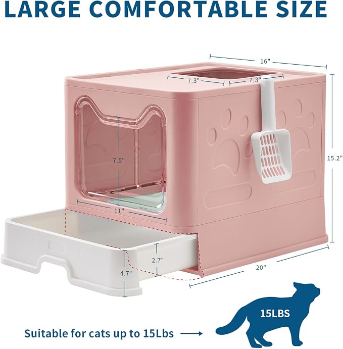 Medario Cat Litter Box with Litter Mat and Scoop(Pink) | Large Covered Litter Box with Lid, Enclosed Kitty Box, Front Entry Top Exit, Odor Control, Easy to Clean