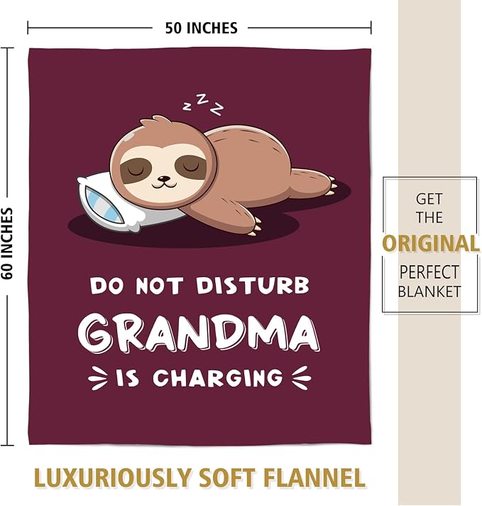 Leebbsin Funny Gifts for Grandma, Grandma Birthday Gift from Grandkids | Grandma is Charging Sloth Blanket 60" x 50" Burgundy, Grandmas Gift for Christmas Mothers Day, Soft Sloth Blanket for Grandma