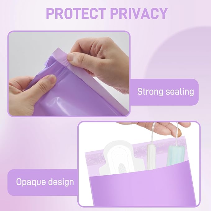 Sanitary Napkin Disposal Bags FARVIGOR, 100Pcs Women Feminine Hygiene Disposal Bags for Tampons and Pads, Personal Disposal Bag Self-Sealing, Privacy Protection, 9.8x5.9"(Purple)