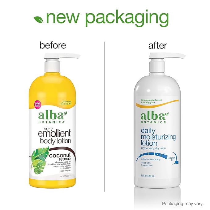 Alba Botanica Daily Moisturizing Lotion,Dry to Very Dry Skin,with Shea Butter and Coconut Oil,32 Oz (Packaging May Vary),(Pack of 2)