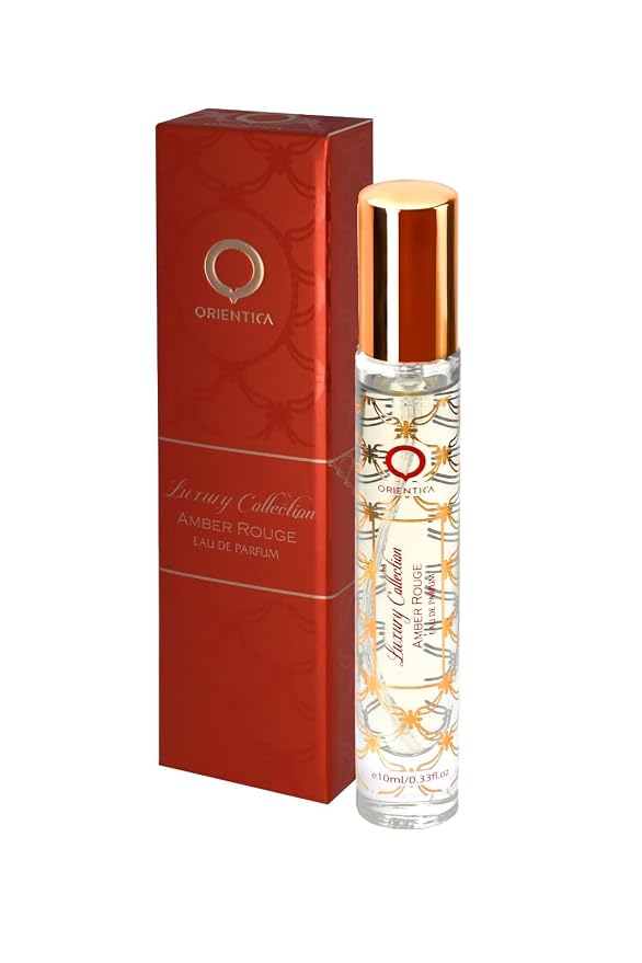 Orientica Luxury Collection Amber Rouge Eau De Parfum 0.33 Oz/10ml Mini Spray - Woody, Amber, Saffron, Praline, Jasmine, Orange, Oak Moss, Seaweed - Arabic Perfume for Men & Women
