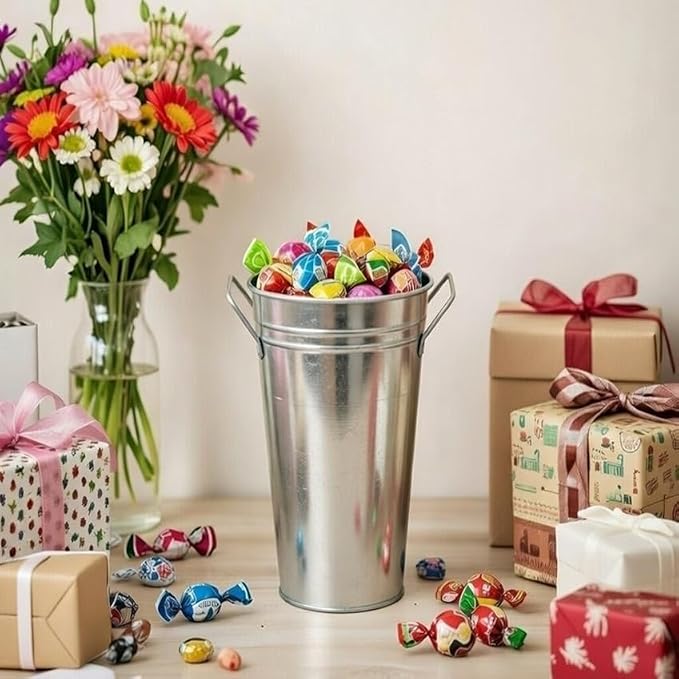 Hosley Set of 3 Galvanized French Bucket Vase with Handles 5" W x 9" H Ideal for Farmhouse Dried Floral Arrangements at Home for Weddings Gifts Spa and Aromatherapy Settings O5