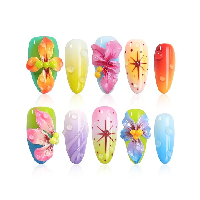 Handmade Press On Nails Almond, French Tips with 3D Flowers Water Droplets Design Short Fake Nails, Salon-Quality Reusable, 10Pcs Includes Adhesive Pads & Nail File, Women's Fall/Winter Gift