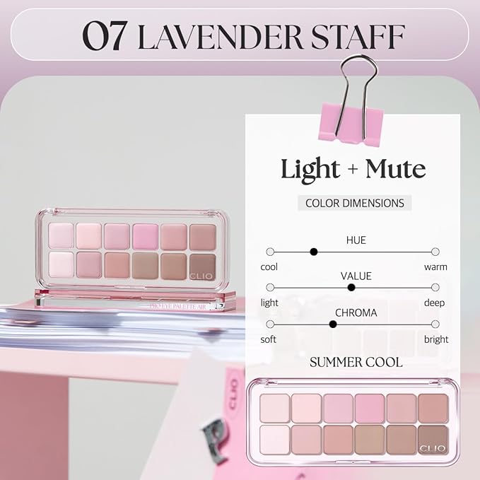CLIO Pro Eye Palette Air, 12-Color Eye Shadow Palette, Matte Shimmer Mix, Air-Fit Blendable Pigmented Buildable Color, Low Fallout, Cool Mauve Neutral Tone, Daily Korean Makeup (07 LAVENDER STAFF)