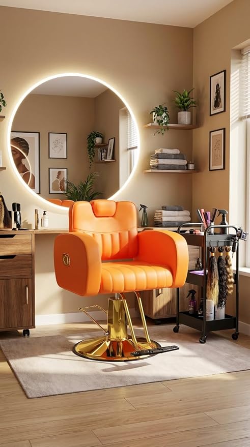 Baasha Ergonomic Orange and Gold Salon Chair with Comfortable Thickened Cushions, Heavy Duty Reclining Stylist Chair for Hair braiding, Extensions, Tattooing, Weight Capacity 440 lbs