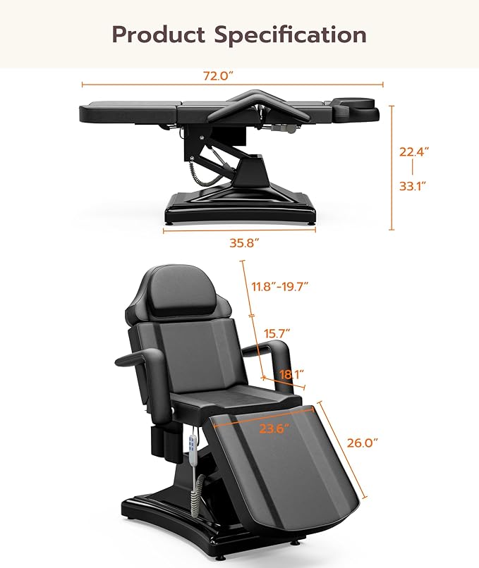 Icoget Fully Electric Tattoo Chair Esthetician Bed for Clients, 3-Motor Massage Table Adjustable Spa Facial Chair for Waxing, Lashing, Professional Aesthetics Bed for Salon, Black with Stool