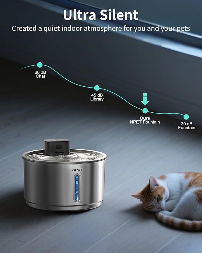 NPET Stainless Steel Wireless Cat Water Fountain with 8 Replacement Filters | 1Gallon/135oz, Battery Operated, Automatic Pet Drinking Fountain, Cordless Dog Water Dispenser, For Cats Indoor