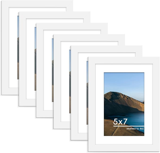 5x7 Picture Frame Set of 6, Wall or Tabletop Display, White | Display Pictures 4x6 with Mat or 5x7 Without Mat, Horizontal or Vertical, Gallery Wall Frame Set, Wedding Birthday Gifts