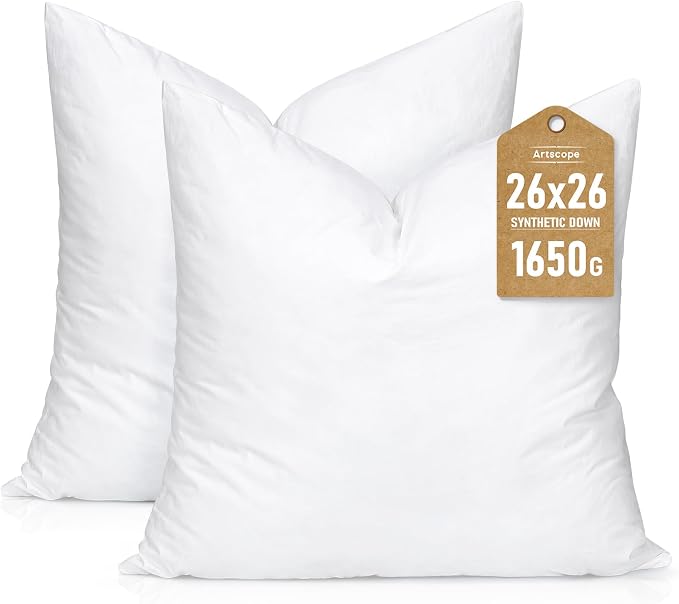 Artscope Synthetic Down Pillow Insert, 26x26 Throw Pillow Inserts Set of 2 | Down Alternative Ultra Soft Fluffy Sleeping Pillow, 100% Cotton Cover, Decorative Pillows-White