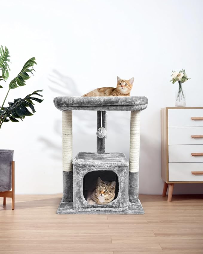 SYANDLVY 27IN Cat Tree for Indoor Cats Large Adult, Modern Activity Tower | Scratching Posts, Condo with Plush Perch, Climbing Stand with Spring Ball for Play, Grey