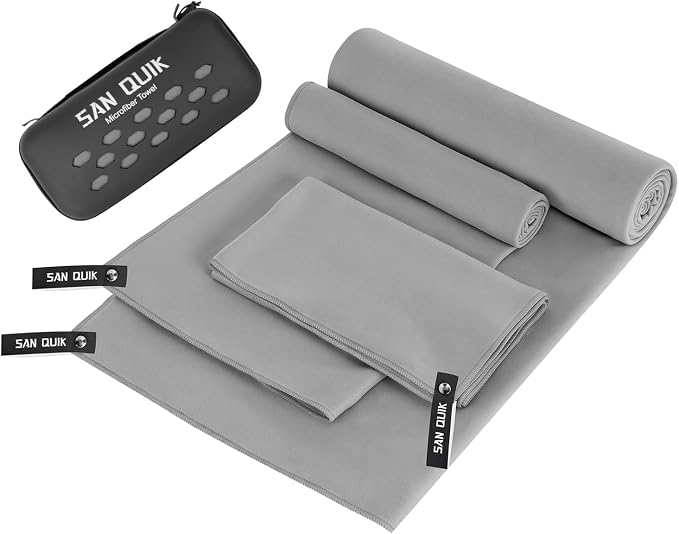Quick Dry Camping Towel with EVA Case, Microfiber Travel Towel 3 Size at 1 Pack, Super Absorbent Lightweight Fast Drying Towel Set for Beach, Gym, Sports, Backpacking, Yoga & Swimming Pool, Gray