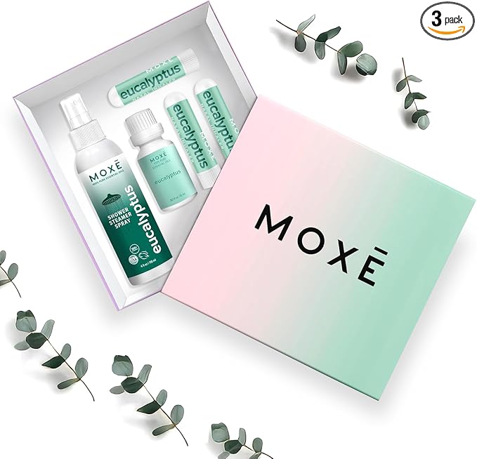 MOXĒ Eucalyptus Aromatherapy Gift Set, Essential Oil, Shower Steamer Spray, Portable Nasal Inhalers, Diffuser Essential Oil, Sinus & Congestion Relief, Therapeutic Grade, Made in USA