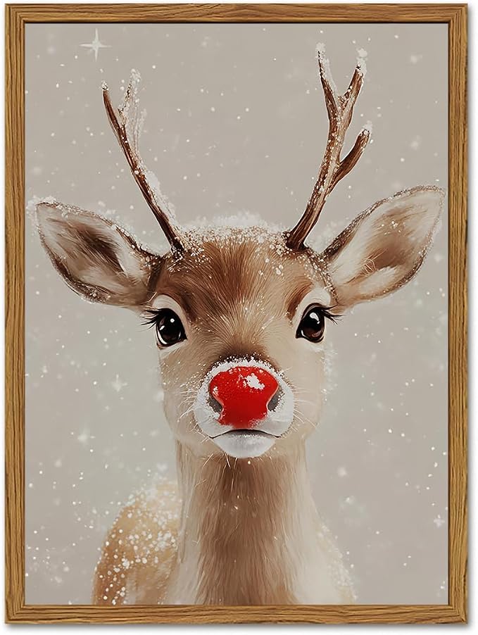 Framed Christmas Wall Art, Vintage Red Nose Reindeer Canvas Wall Decor Paintings, Rustic Winter Cute Deer Pictures Prints Farmhouse Home Decoration for Living Room Bedroom 16×24 inch