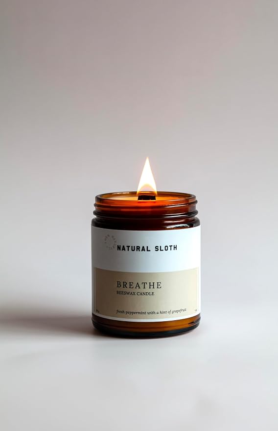 Breathe Natural Sloth 9 oz Beeswax Candle with Pure Essential Oils, Non-Toxic, Made Safe® Certified, Wooden Wick, Clean Burning (Breathe)