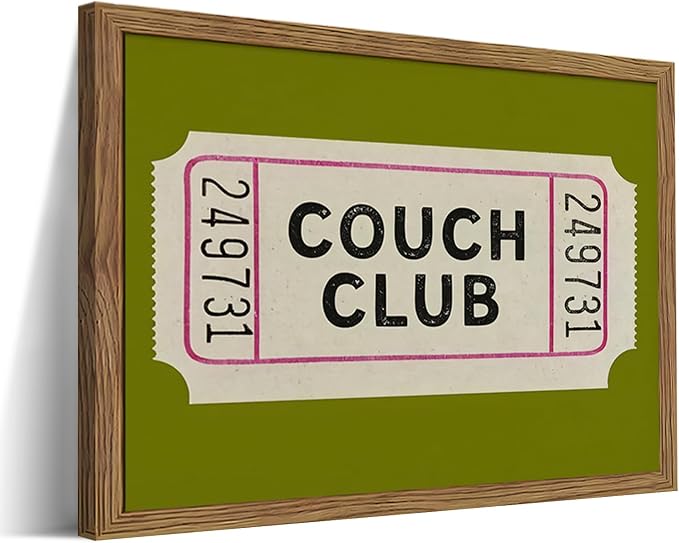 Vintage Framed Wall Art, Couch Club Ticket Canvas Wall Decor Painting, Retro Green Minimalist Quote Poster Print Picture for Living Room Bathroom Home Decor 16x24 Inch