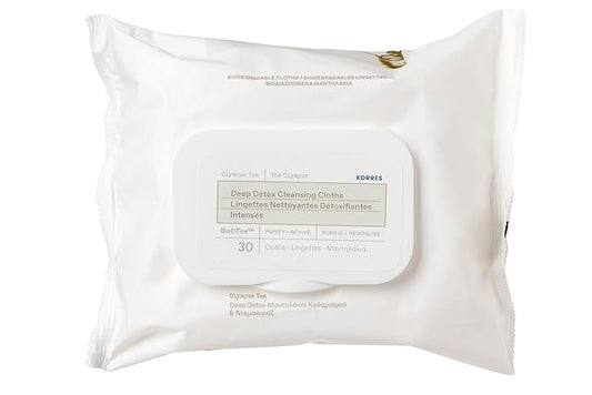 KORRES Olympus Tea Deep Detox Cleansing Cloths, Face & Makeup Remover Wipes, Purifying Skin Care for Women & Men, Disposable, Vegetarian, Made in Greece, 30 Count