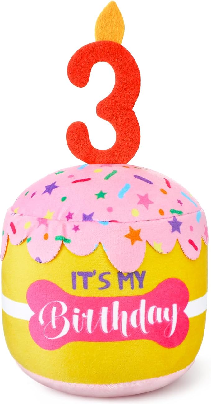 Dansydaisy Dog Birthday Cake Toy Squeaky Plush Gift,3rd,Pink and Yellow