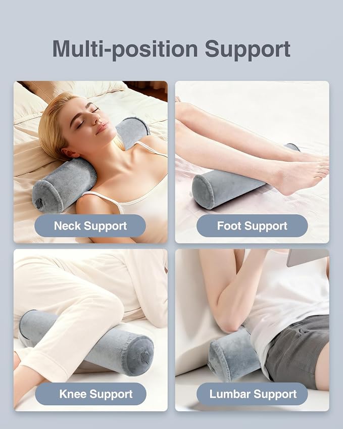 Luxtude Inflatable Neck Roll Pillow for Sleeping, Travel Cervical Pillow for Neck Pain Relief, Cylinder Support Pillows Round Bolster Pillows for Bed, Lumbar Roll, Legs, Back and Yoga (Grey-3.9in)